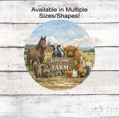 Welcome Wreath Sign, Barnyard Animals, Horse Cow Horse Pig Goat- FH2445