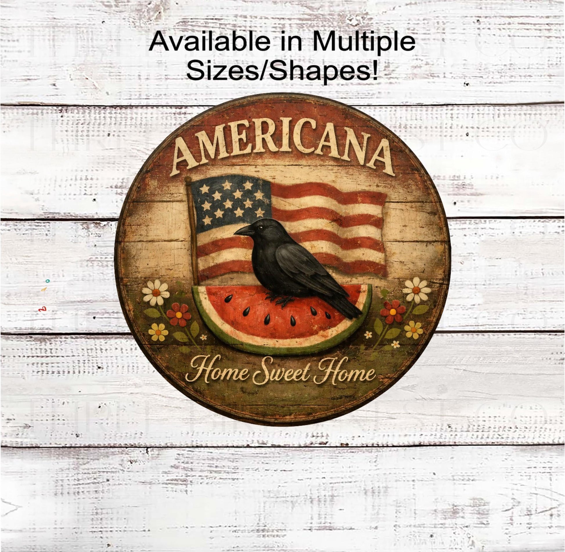 Americana Wreath Sign, Watermelon Decor, Crow Lover, Primitive Patriotic Farmhouse- PH2449