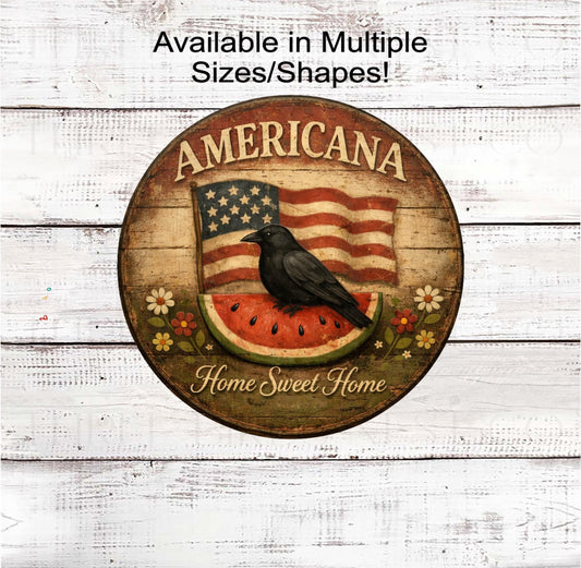Americana Wreath Sign, Watermelon Decor, Crow Lover, Primitive Patriotic Farmhouse- PH2449