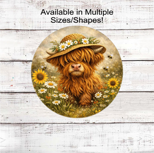 Cow Wreath Sign, Scottish Highland, Sunflowers Lover, Buffalo Plaid Decor- FH2462