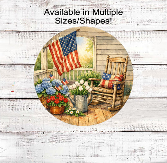 Patriotic Wreath Sign, American Flag, Rocking Chair, Floral Decor- PH2464