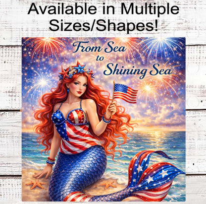 Patriotic Wreath Sign, Mermaid Lover, Beach Fireworks Decor, From Sea to Shining Sea- PH2465