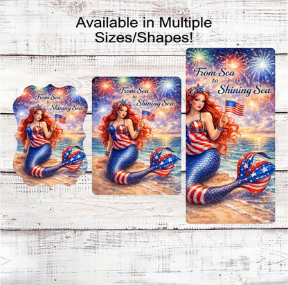 Patriotic Wreath Sign, Mermaid Lover, Beach Fireworks Decor, From Sea to Shining Sea- PH2465