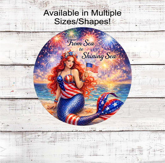 Patriotic Wreath Sign, Mermaid Lover, Beach Fireworks Decor, From Sea to Shining Sea- PH2465