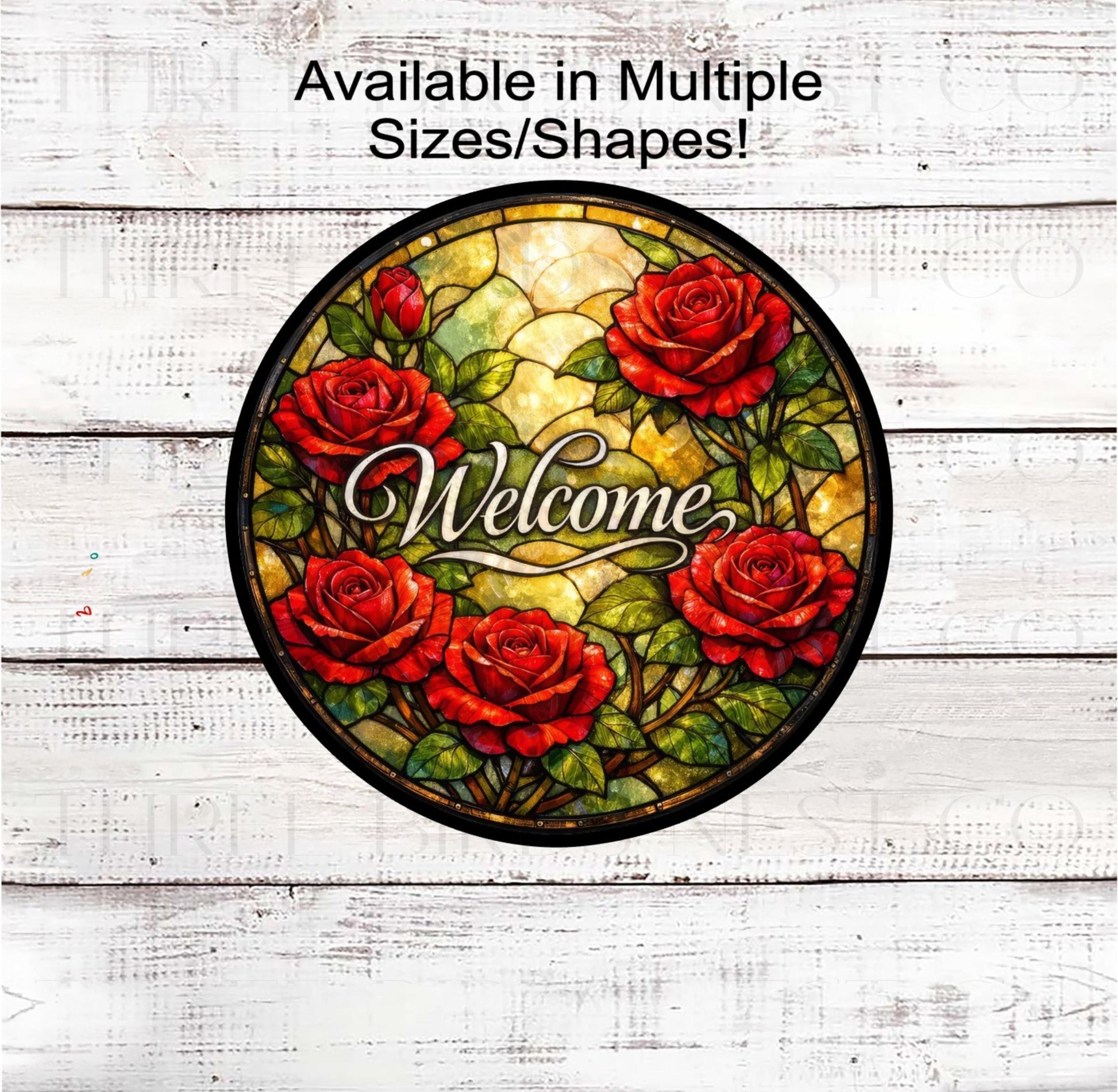Welcome Wreath Sign, Red Roses, Faux Stained Glass- EV2410