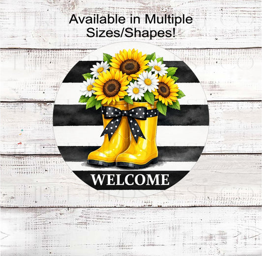 Welcome Wreath Sign, Sunflowers Lover, Rain Boots, Rustic Farmhouse Metal Decor- SS2421