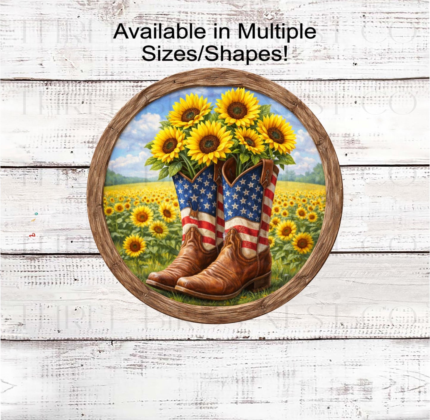Patriotic Wreath Sign, Sunflowers, Cowboy Boots, Southwest Decor, 250 Years- PH2434