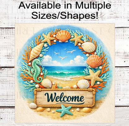 Beach Welcome Wreath Sign, Starfish and Seahorse, Nautical Decor- B2435