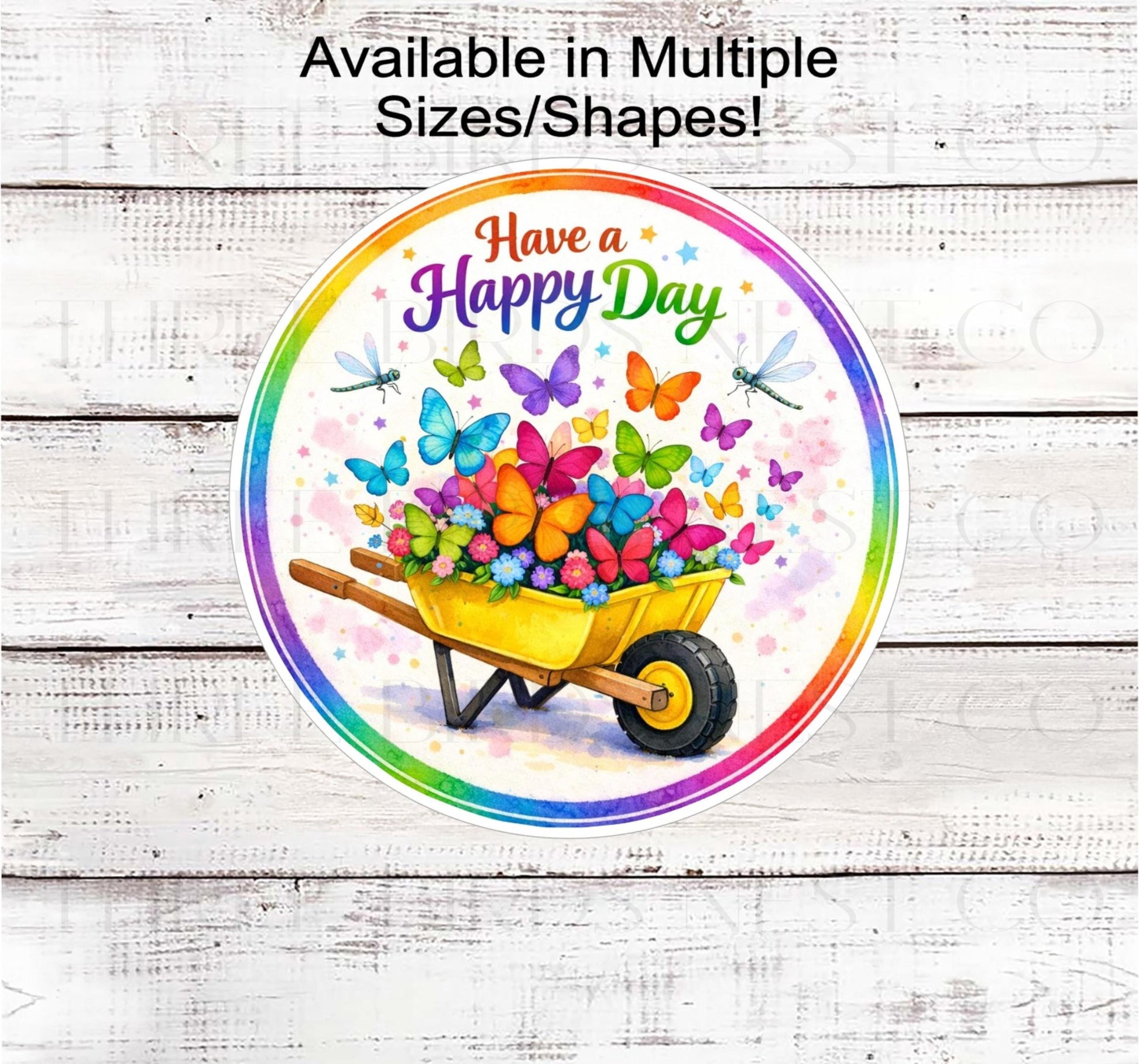 Happy Day Wreath Sign, Butterflies and Dragonflies, Whimsical Wheelbarrow, Rainbow Decor- EV2493