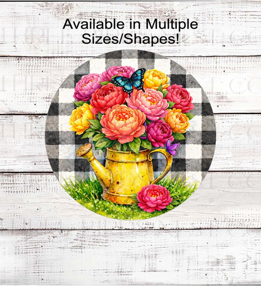 Peonies Wreath Sign, Rustic Farmhouse Watering Can- SS2494