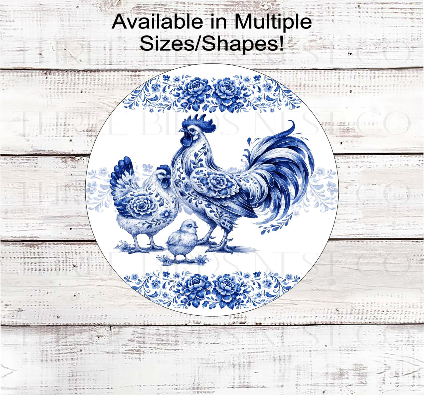 Rooster and Chicken Wreath Sign, Chinoiserie, Vintage Kitchen Decor- FH2495