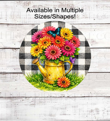 Gerbera Daisies Wreath Sign, Rustic Farmhouse Watering Can- SS2496