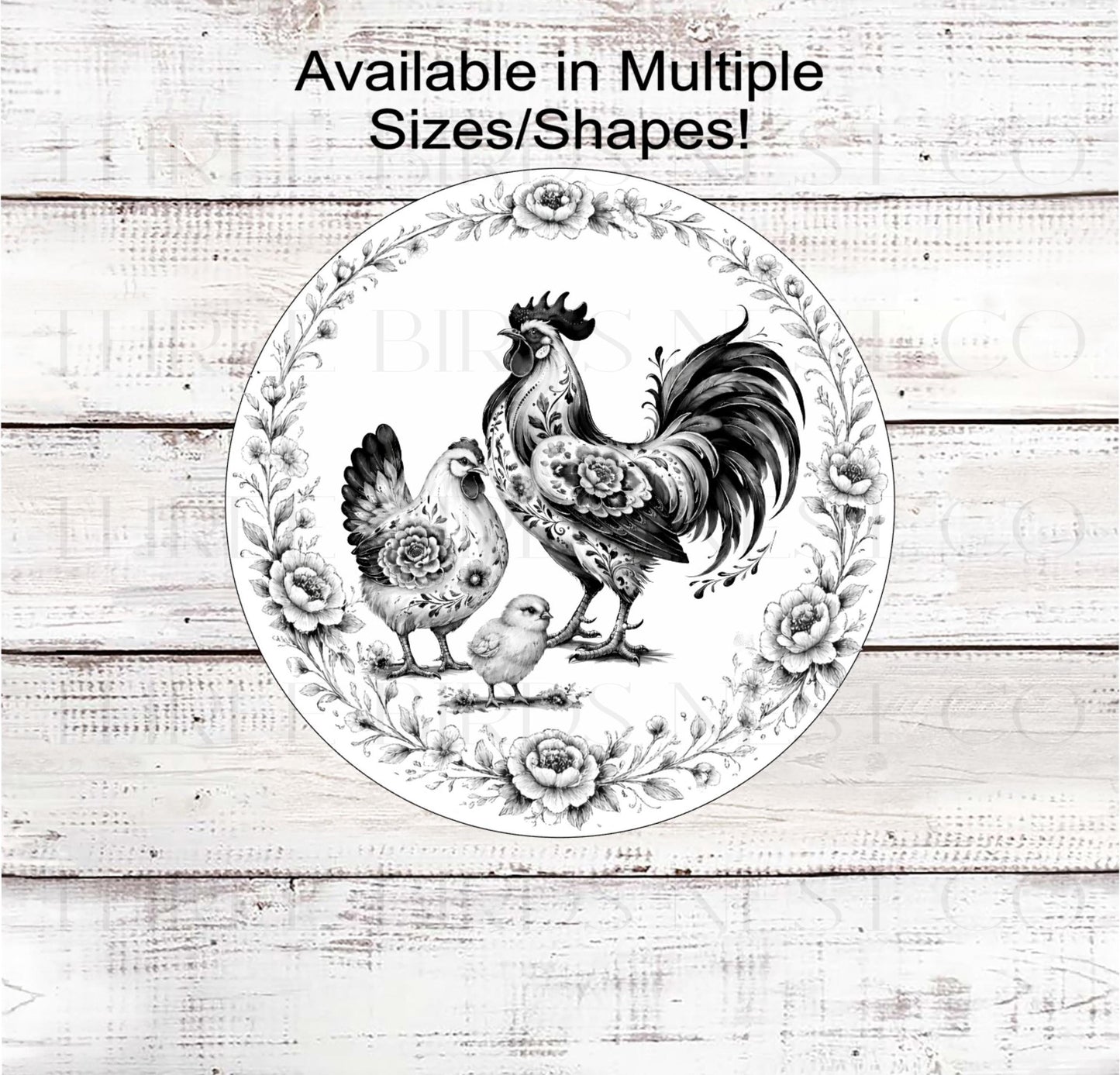 Rooster and Chicken Wreath Sign, Chinoiserie, Vintage Kitchen Decor- FH2497