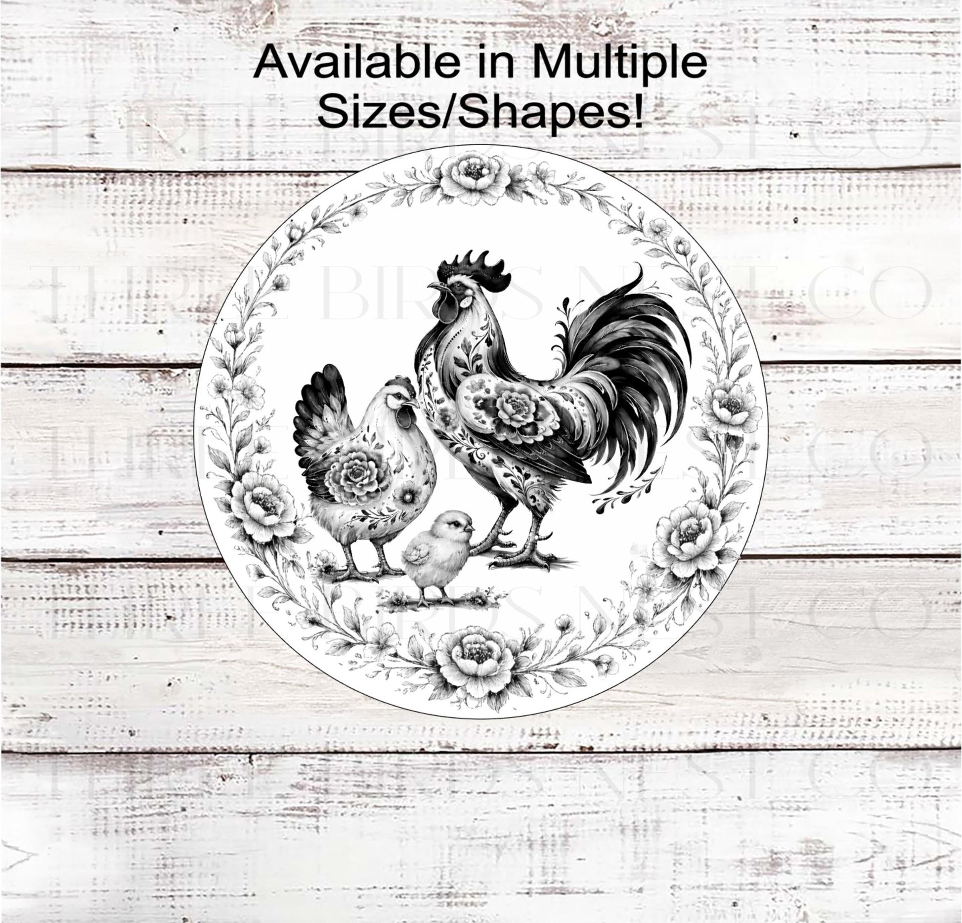 Rooster and Chicken Wreath Sign, Chinoiserie, Vintage Kitchen Decor- FH2497