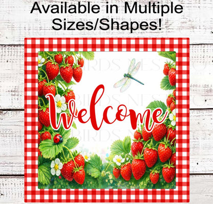 Welcome Wreath Sign, Strawberries Decor, Ladybug and Dragonfly Lover- SS2499