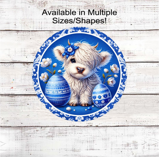 Easter Wreath Sign, Scottish Highland Cow, Chinoiserie Decor- E2458