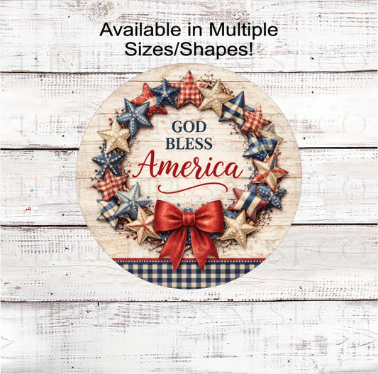 Patriotic Wreath Sign, Stars and Stripes, American Flag, God Bless America- PH2475