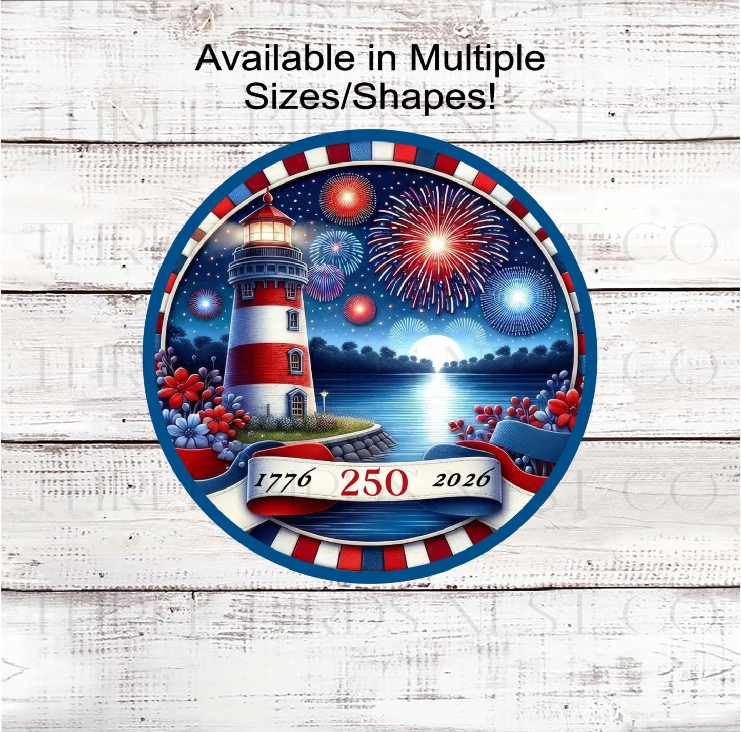 Patriotic Wreath Sign, Lighthouse Decor, American Flag, 250 Years- PH2478