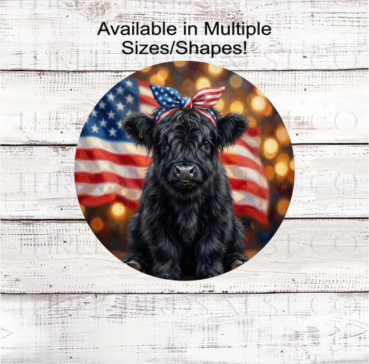 Patriotic Wreath Sign, Scottish Highland Cow, American Flag- PH2480