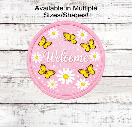 Pink Daisy Welcome Wreath Sign, Butterfly Decor, Hello Spring Florals- SS2560