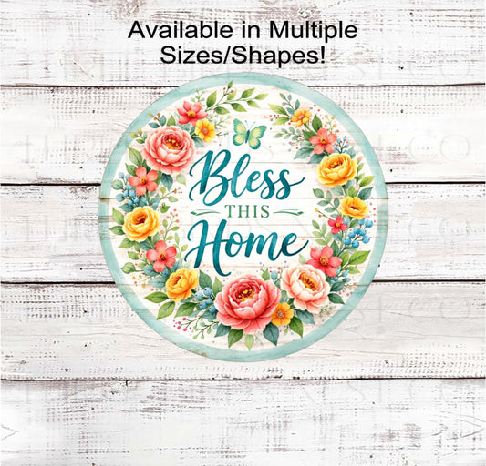 Bless This Home Wreath Sign, Peonies and Roses, Rustic Farmhouse- SS2568