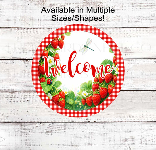 Welcome Wreath Sign, Strawberries Decor, Ladybug and Dragonfly Lover- SS2499