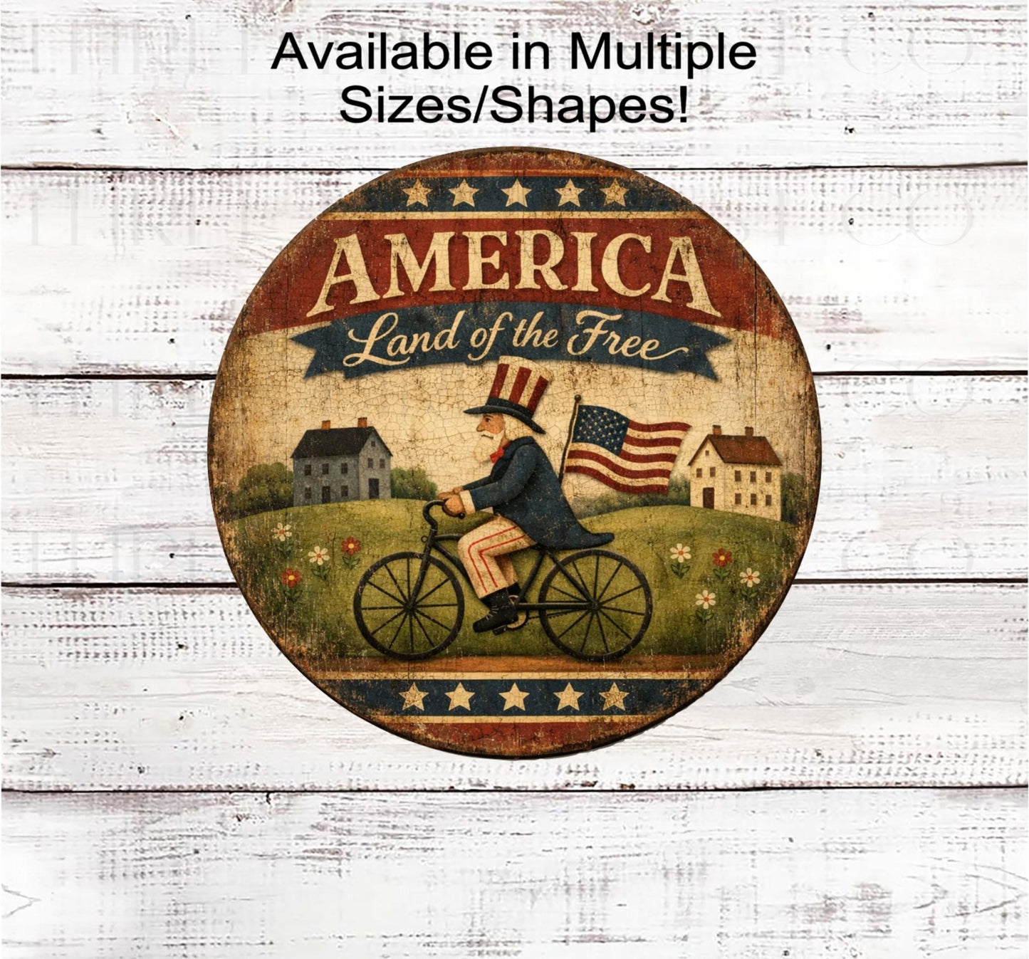 Patriotic Wreath Sign, Uncle Sam on Bicycle, Land of the Free, Americana Primitive Farmhouse- PH2574