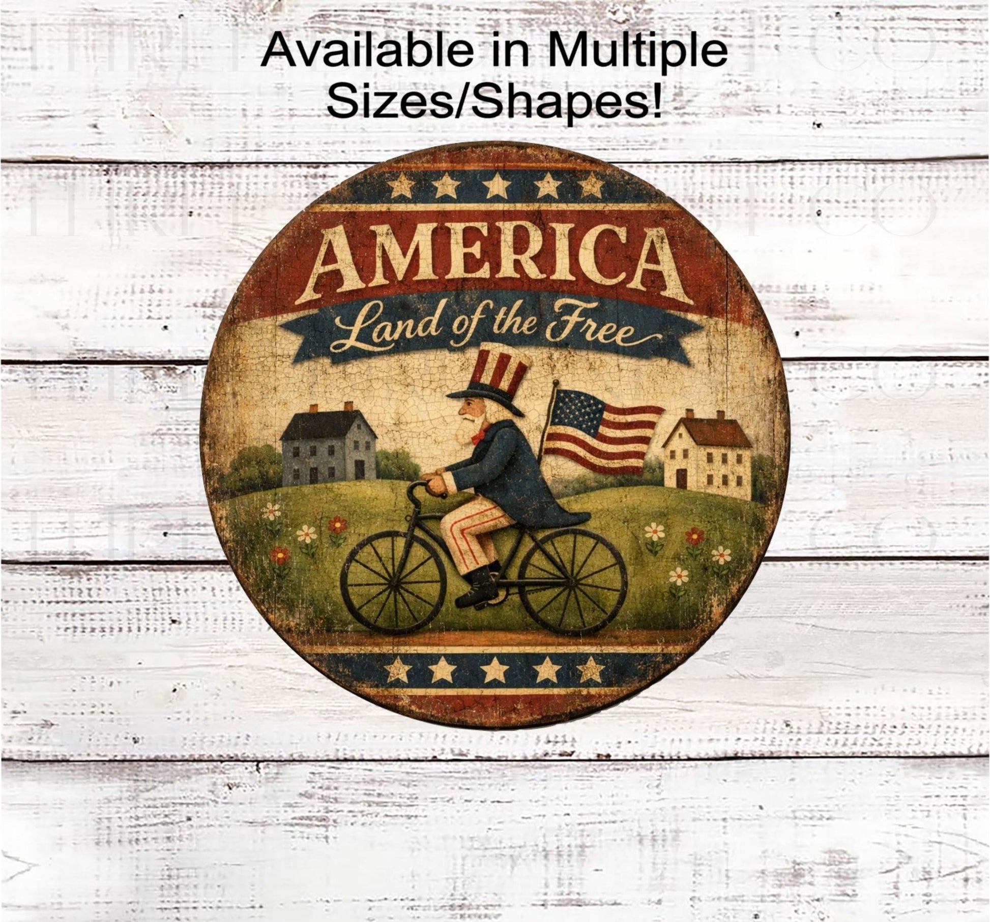 Patriotic Wreath Sign, Uncle Sam on Bicycle, Land of the Free, Americana Primitive Farmhouse- PH2574