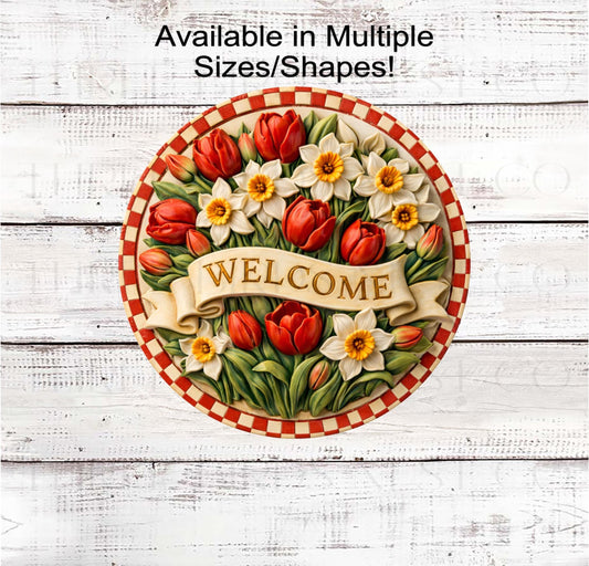 Welcome Wreath Sign, Daffodils Decor, Tulips Lover- E2579