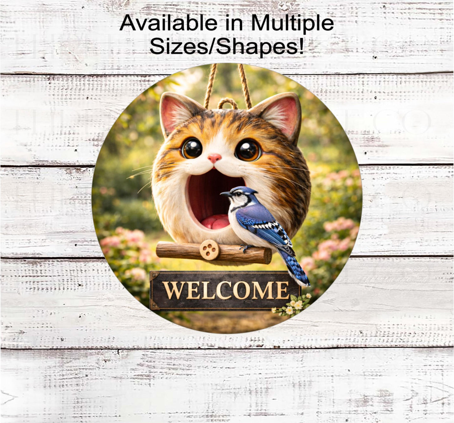 Blue Jay Bird Wreath Sign, Kitty Cat Birdhouse, Spring Flowers- SS2598