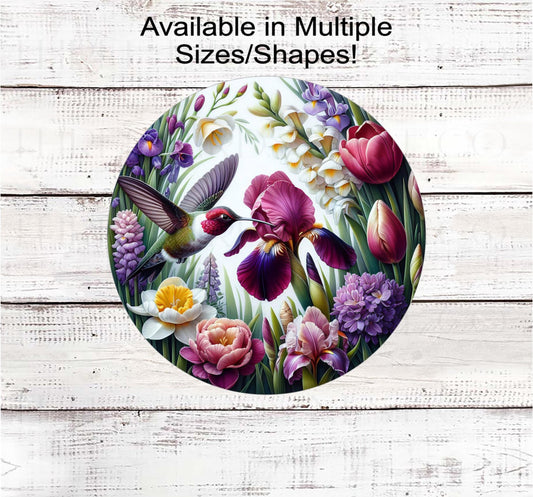 Hummingbird Wreath Sign, Spring Floral, Iris Flowers, Purple Lover- EV2603