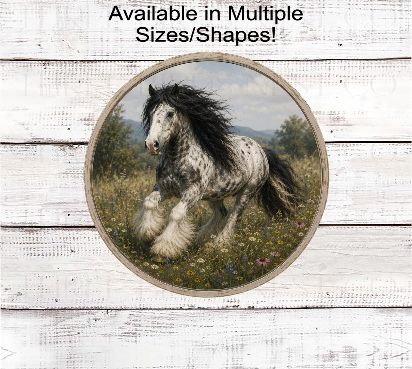 Welcome Wreath Sign, Gypsy Vanner Horse in Wildflowers, Rustic Farmhouse- FH2784