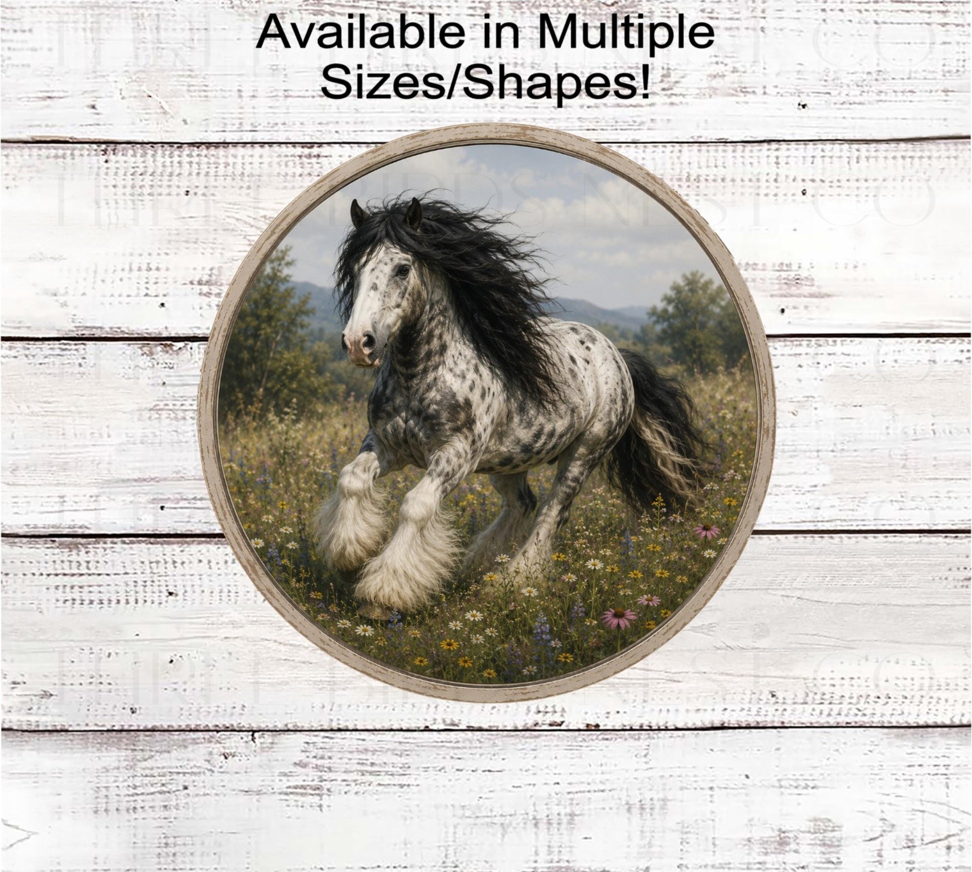Welcome Wreath Sign, Gypsy Vanner Horse in Wildflowers, Rustic Farmhouse- FH2784