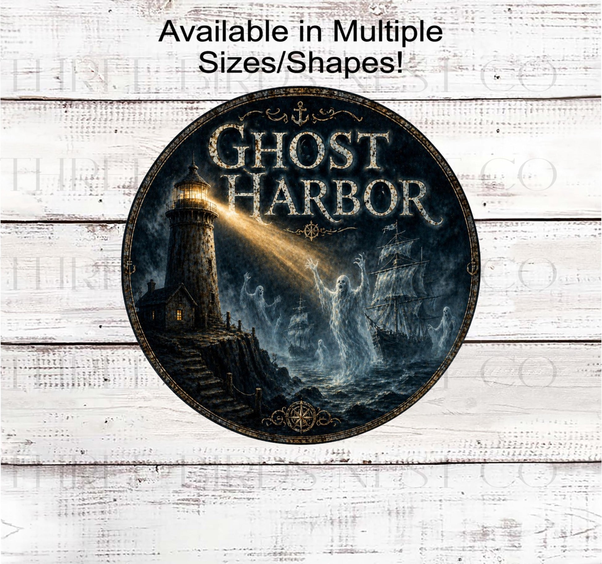Halloween Wreath Signs, Ghost Harbor, Haunted Lighthouse, Spooky Season- H2736