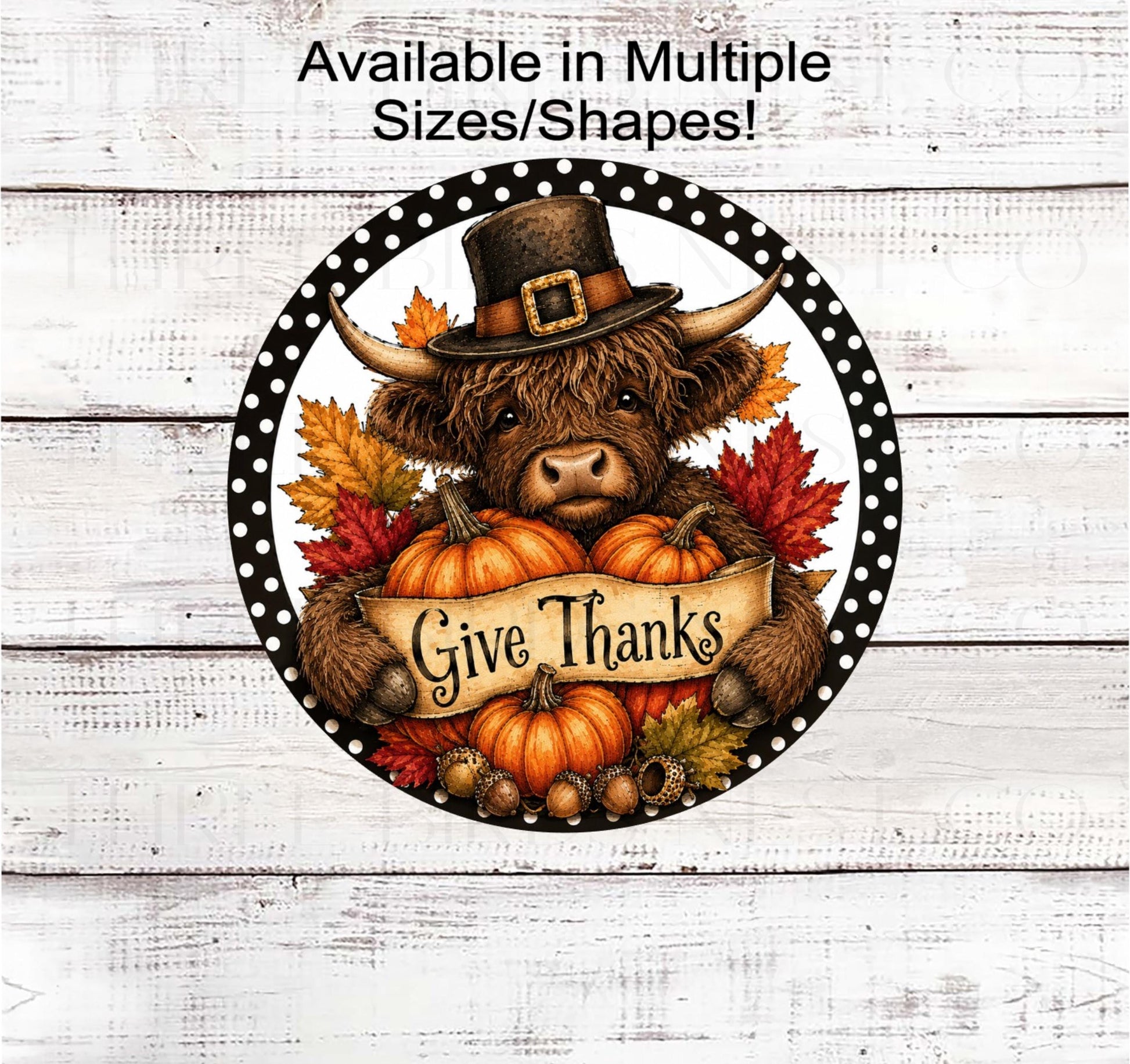 Fall Wreath Sign, Scottish Highland Cow, Give Thanks, Rustic Farmhouse, Thanksgiving Pilgrim- FT2806