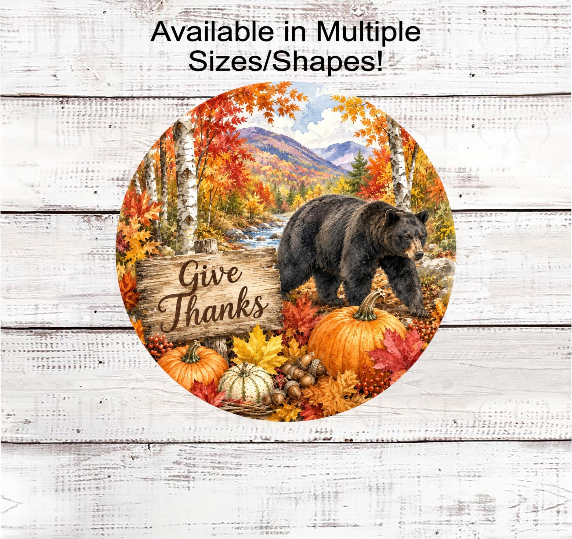 Give Thanks Fall Wreath Sign, Black Bear, Pumpkins Cabin Decor, Rustic Farmhouse - PA2811