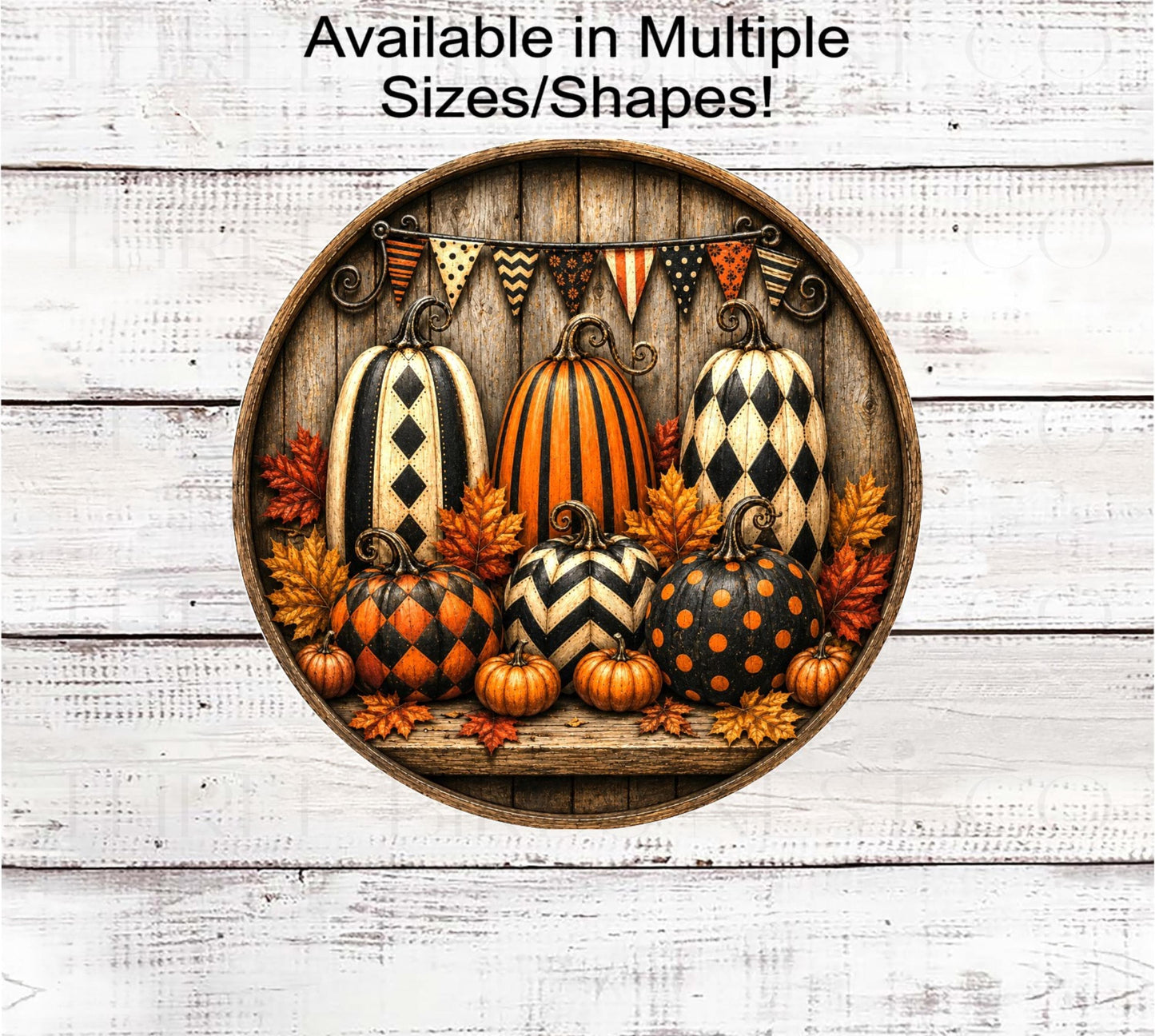 Fall Wreath Sign, Painted Pumpkins, Harlequin and Dots Pattern- FT2818