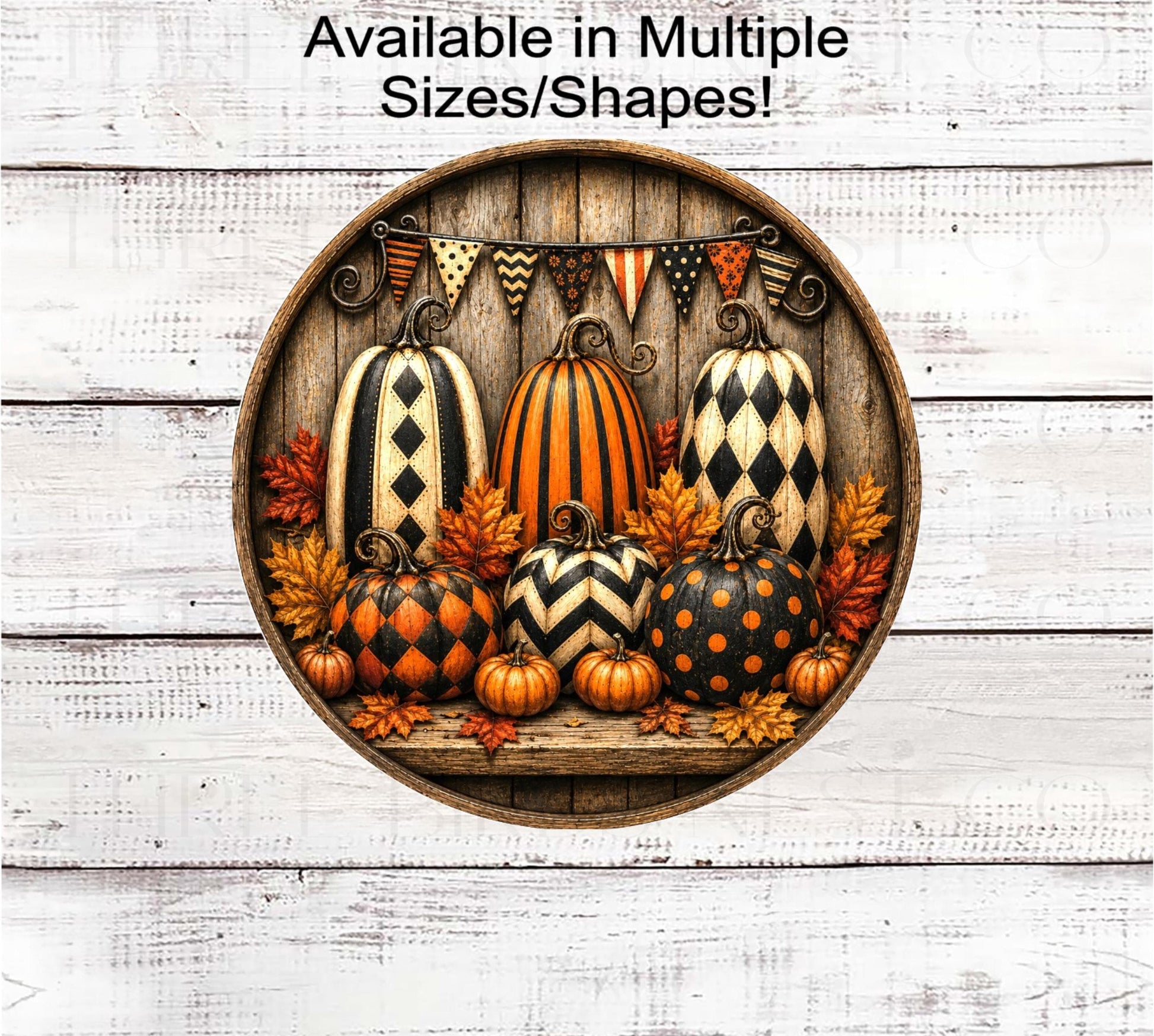 Fall Wreath Sign, Painted Pumpkins, Harlequin and Dots Pattern- FT2818