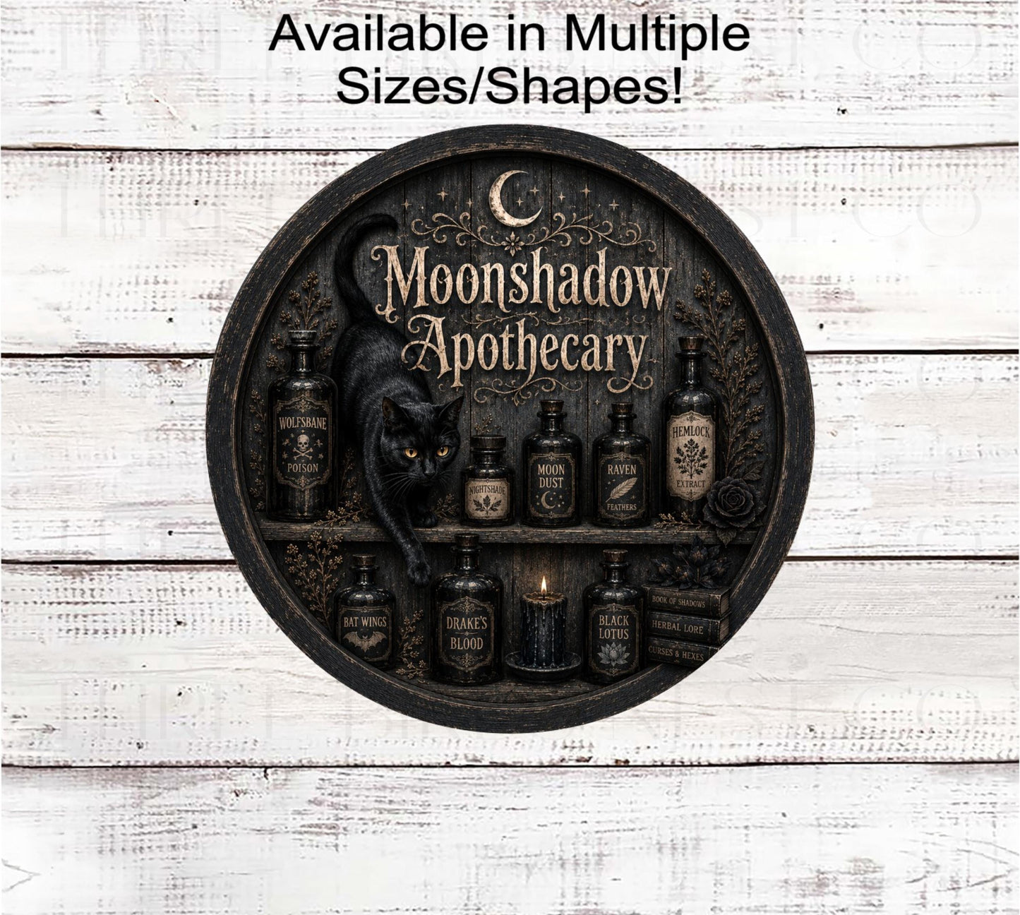 Halloween Wreath Sign, Moonshadow Apothecary Shop, Black Cat, Potions- H2824