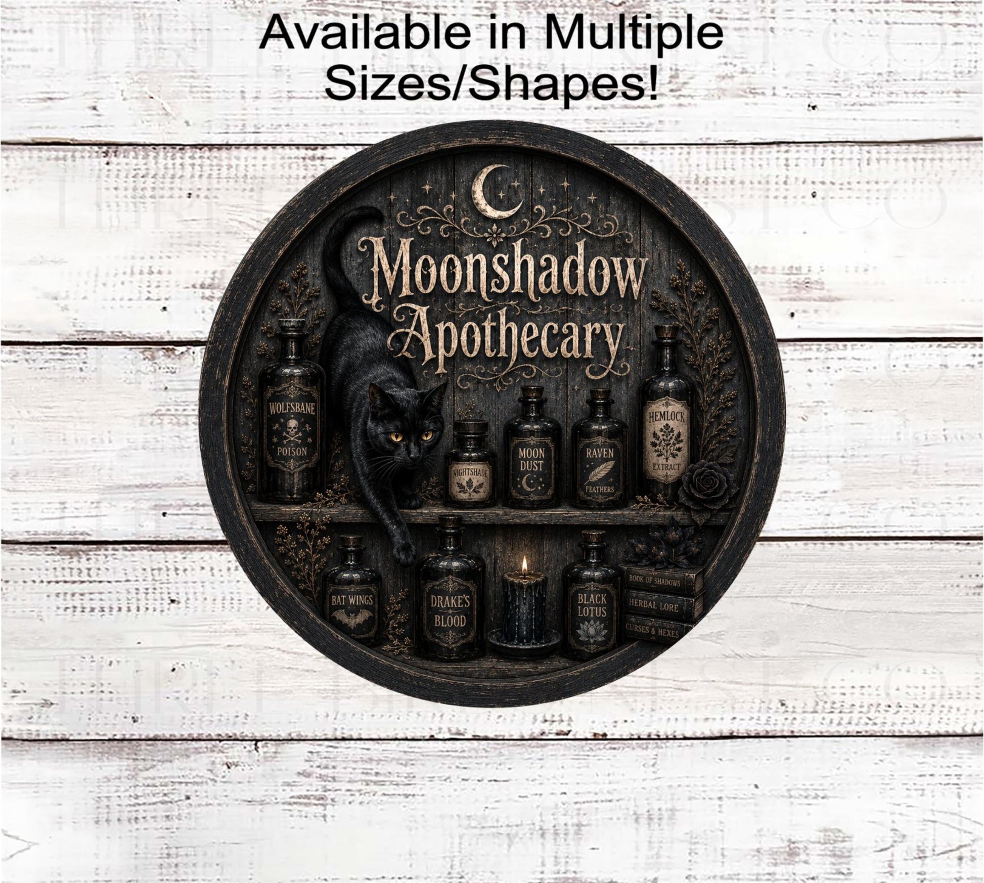 Halloween Wreath Sign, Moonshadow Apothecary Shop, Black Cat, Potions- H2824