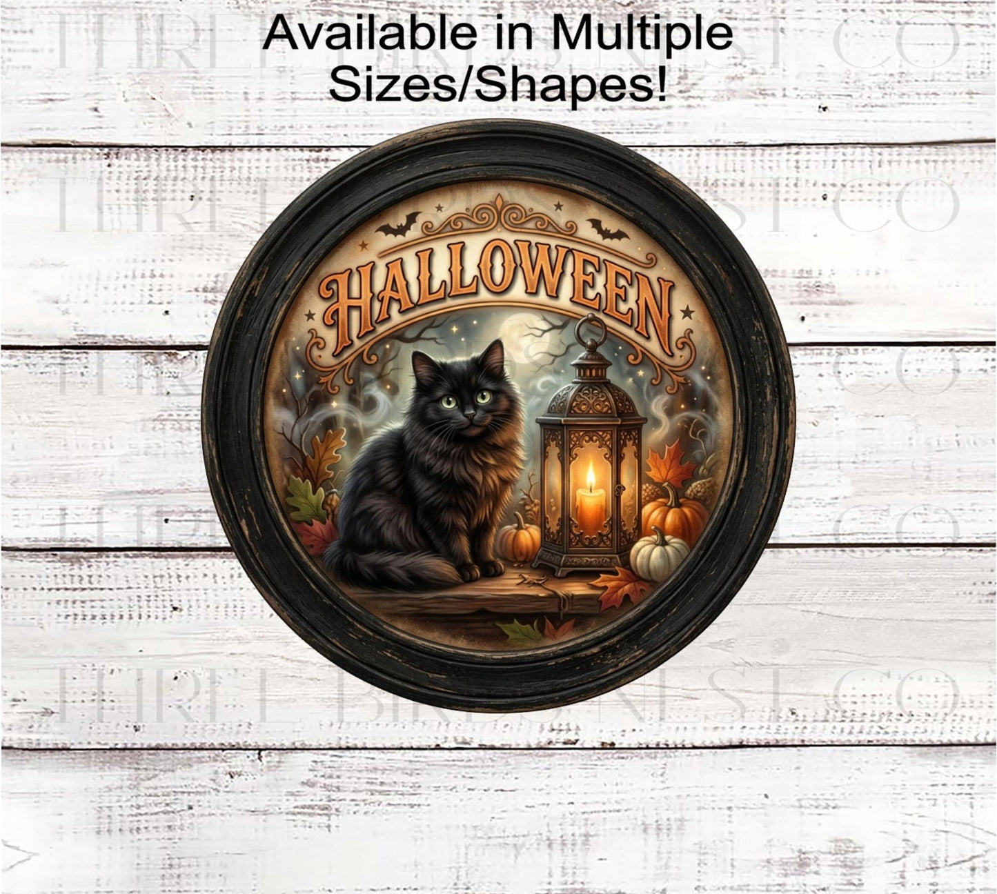 Witch Wreath Sign, Black Cat and Lantern, Spooky Decor- H2837