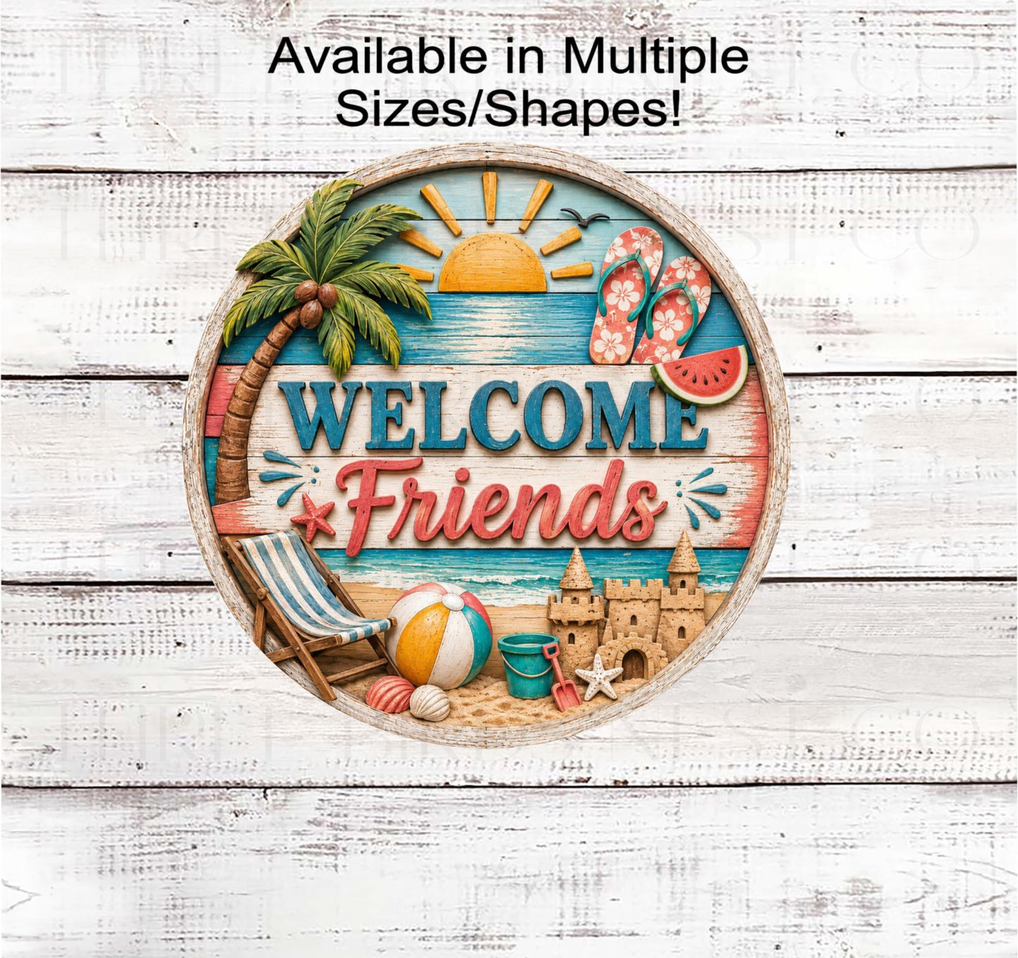 Summer Wreath Sign, Welcome Friends, Flip Flops and Beach Balls- B2845