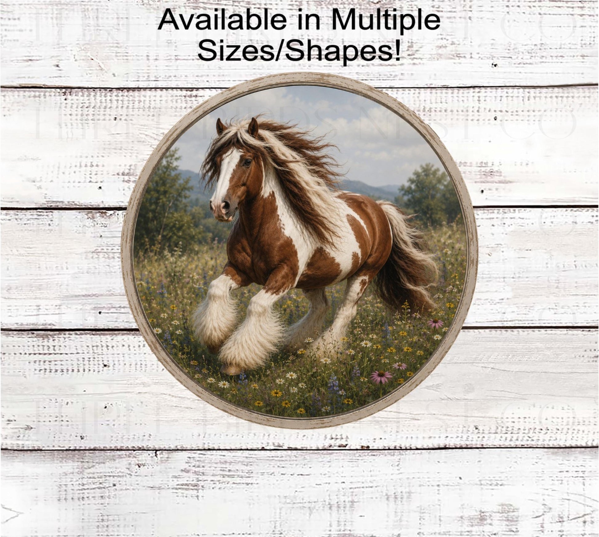 Welcome Wreath Sign, Gypsy Vanner Horse in Wildflowers, Rustic Farmhouse- FH2785