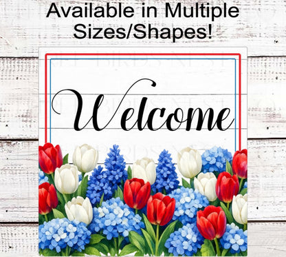 Floral Wreath Sign, Patriotic Tulips and Hydrangeas- PH2797