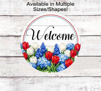Floral Wreath Sign, Patriotic Tulips and Hydrangeas- PH2797
