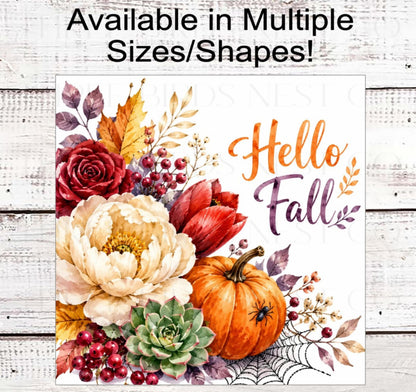 Hello Fall Wreath Sign, Pumpkins Lover, Succulents and Flowers, Spider Web- FT2812