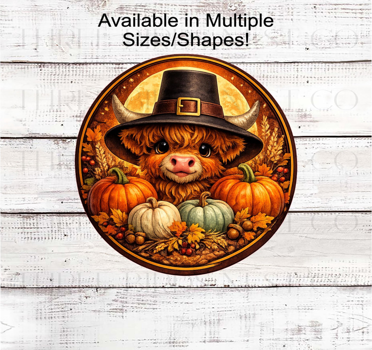 Fall Wreath Sign, Pilgrim Scottish Highland Cow, Pumpkin Farm Decor- FT2880