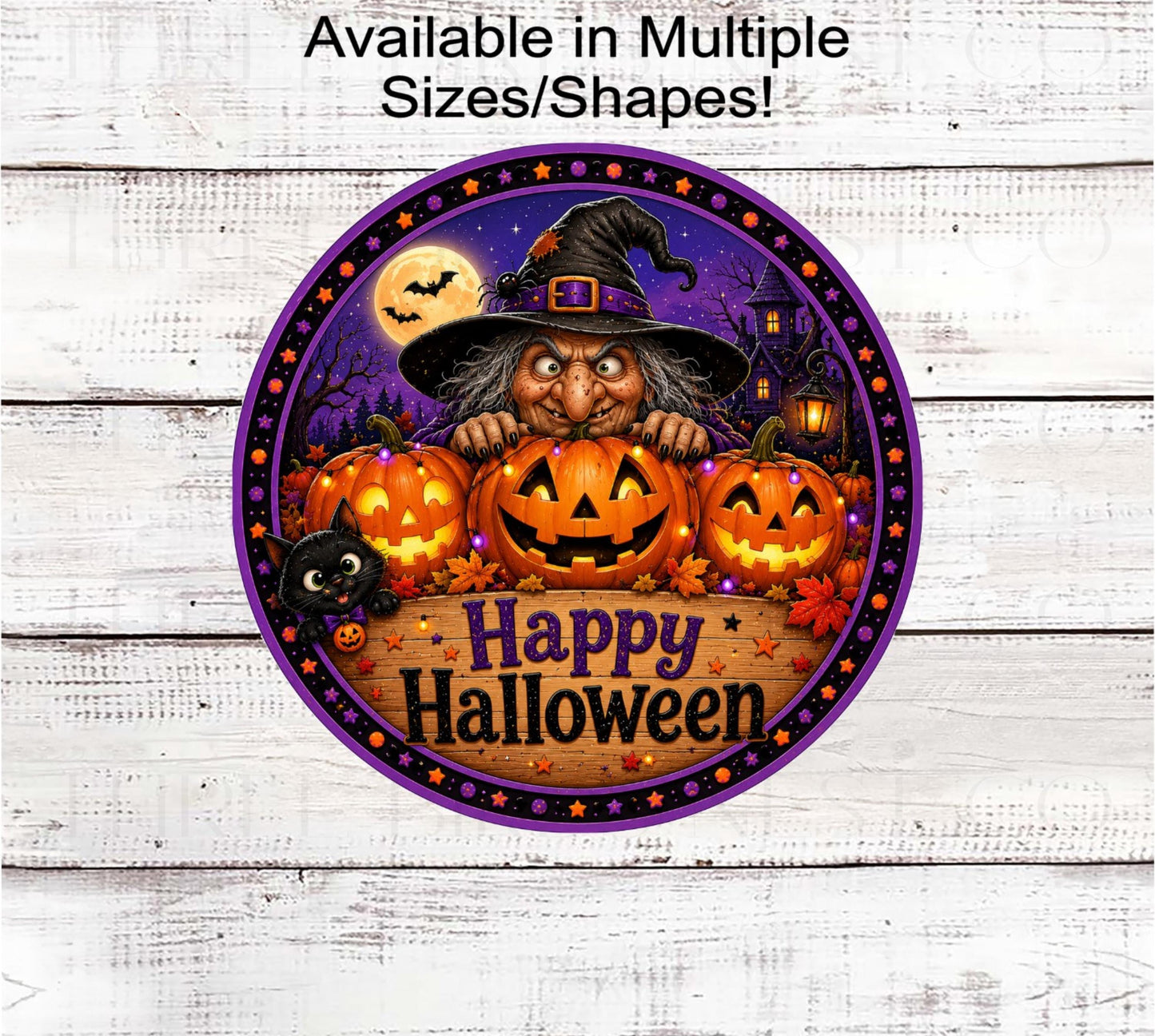 Happy Halloween Wreath Sign, Peeking Witch and Black Cat- H2826
