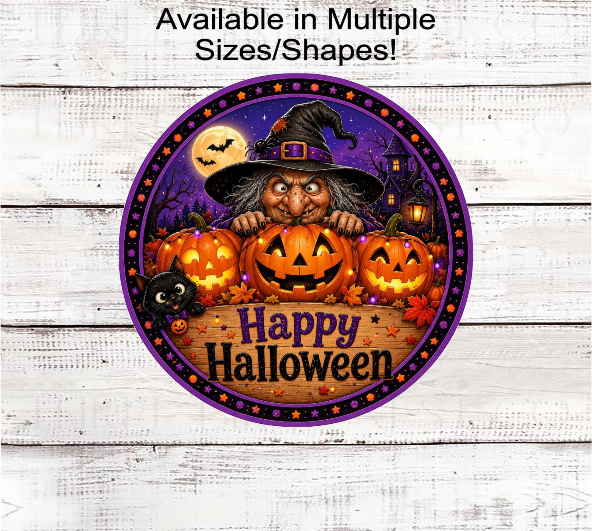 Happy Halloween Wreath Sign, Peeking Witch and Black Cat- H2826
