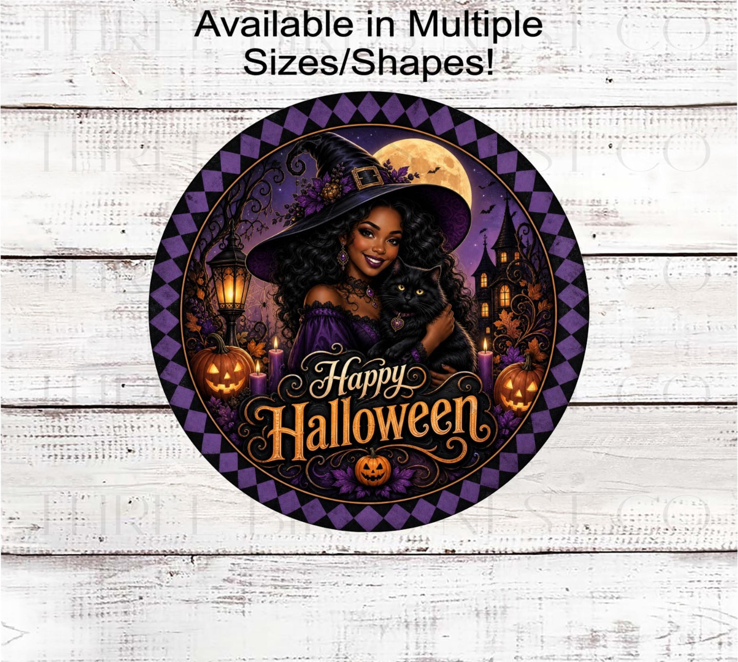 Happy Halloween Wreath Sign, African American Witch Lover, Black Cat Decor- ET2831
